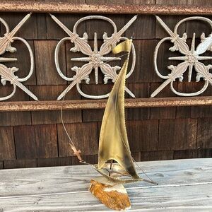 Vintage Yosi Large Brass and Stone Sail Boat Sculpture.  So Montauk!